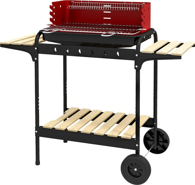 Outsunny Holzkohlegrill BBQ Smoker aus Metall in Rot mit Rädern und Holzablage, B/T/H: 103 x 47 x 95 cm - Bild 1