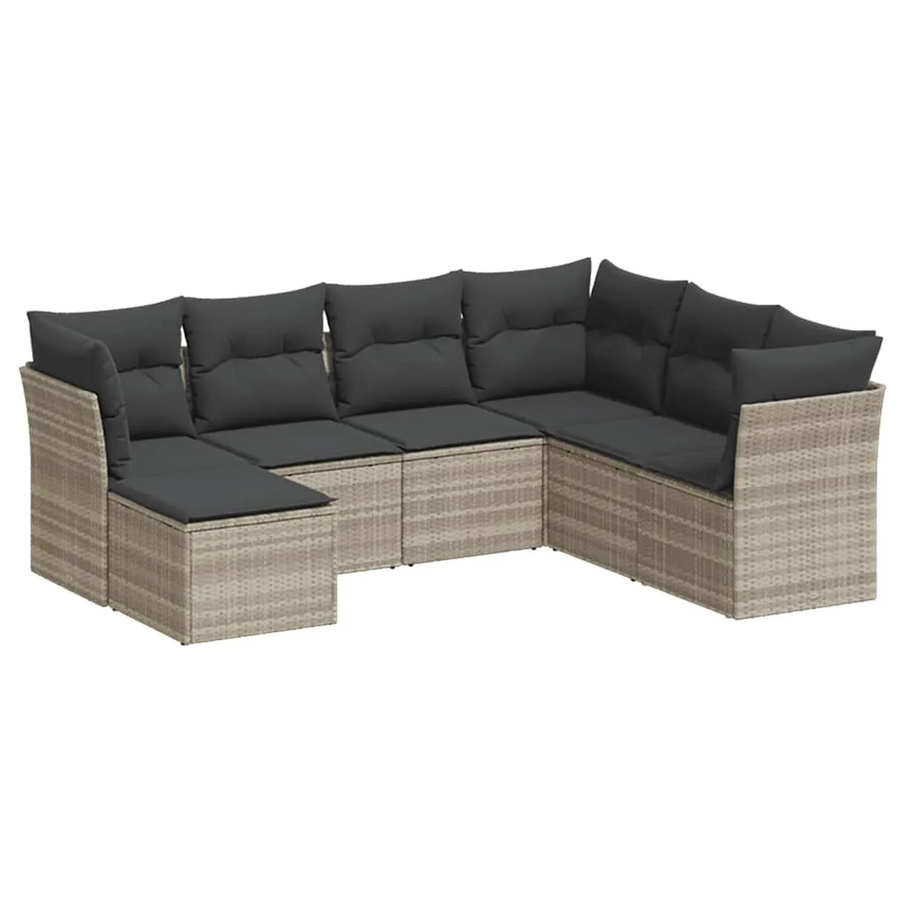 vidaXL 7-tlg. Garten-Sofagarnitur in L-Form mit Kissen und Ottoman, Hellgrau, Poly-Rattan und Metallrahmen - Bild 2