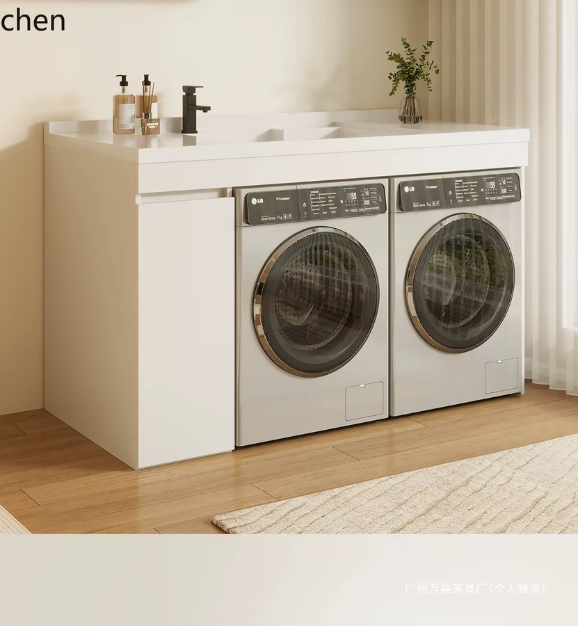 YFY Wäscheschrank in Weiß für Waschmaschine und Trockner mit integriertem Waschbecken und Regalfächern - Bild 2