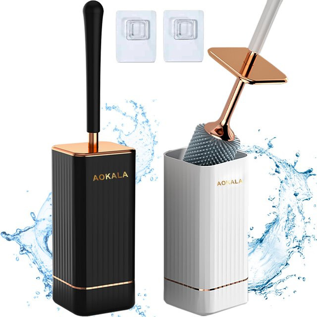 Aokala Toilettenbürsten-Set aus Silikon mit Halter in Weiß und Gold - Bild 1