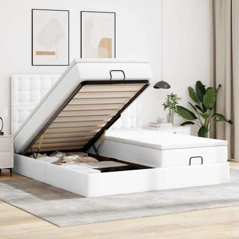 vidaxl Ottoman Polsterbett mit Matratze und LED in Weiß aus Kunstleder B/T/H: 180 x 200 x 128 cm - Bild 1