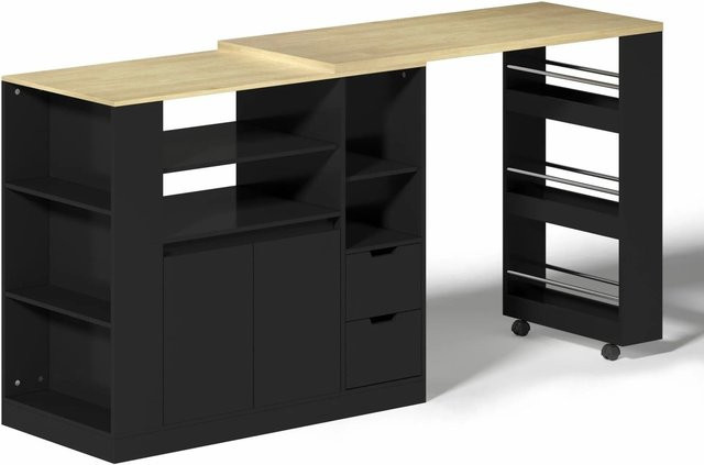 okwish Kücheninsel mit ausziehbarer Arbeitsplatte, Schubladen und Regalen, Schwarz, B/T/H: 115 x 50 x 92 cm - Bild 1