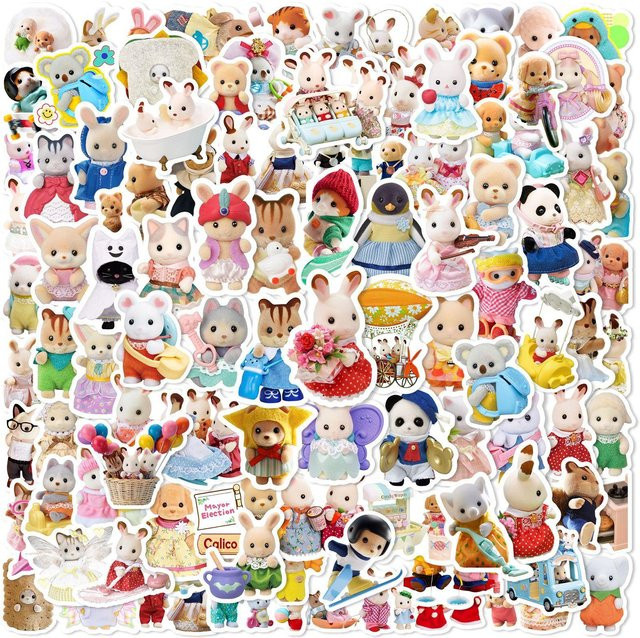 100 Stück Calico Critters Aufkleber Set, bunte Cartoon Decals für Scrapbooking und DIY, wasserfest - Bild 1
