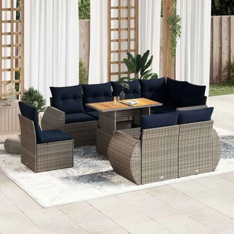 9-teilige moderne Garten-Sofagarnitur mit Kissen aus grauem Poly-Rattan von vidaxl - Bild 1