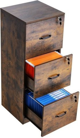 VEVOR Aktenschrank aus Holz mit 3 Schubladen und Schloss in Braun, vertikaler Aufbewahrungsschrank für Homeoffice mit verstellbarer Hängestange für A4, B/T/H: 41,0 x 25,5 x 103,0 cm - Bild 1