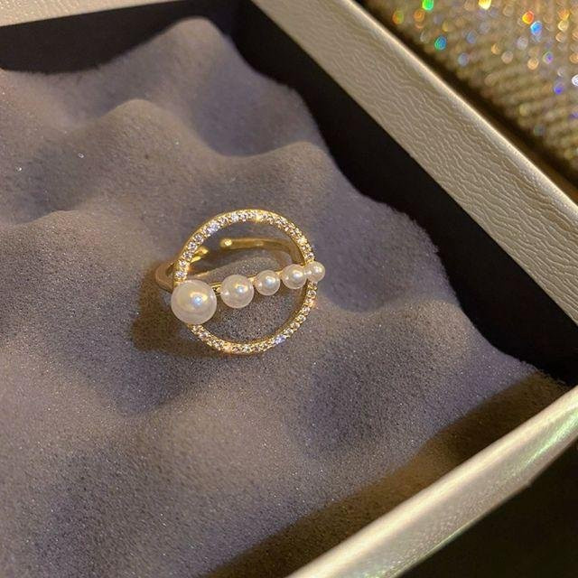 Offener Ring, Blume, Zirkon, Perle, Legierung, Damen, grau - Bild 1