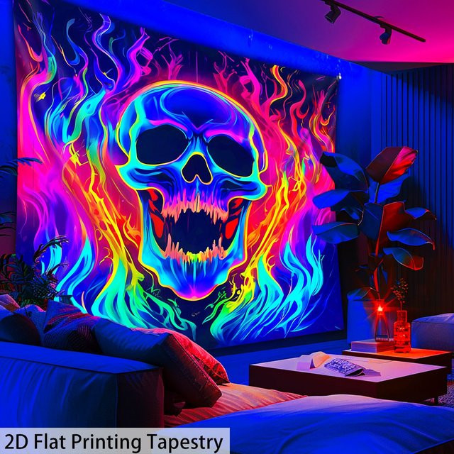 VIKAMA Wandteppich Flaming Skull in Multicolour, Rechteckiger Textiler Wandbehang mit Abstract Skull Design, Breite: 60 cm, Höhe: 40 cm - Bild 1