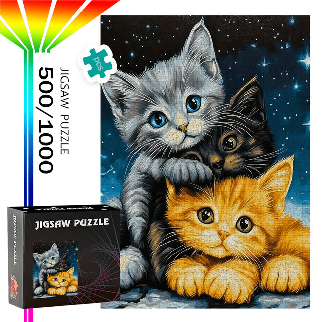 AZNM Kätzchen- und Sternennacht-Puzzle, Tiere, Bunt / Mehrfarbig - Bild 1