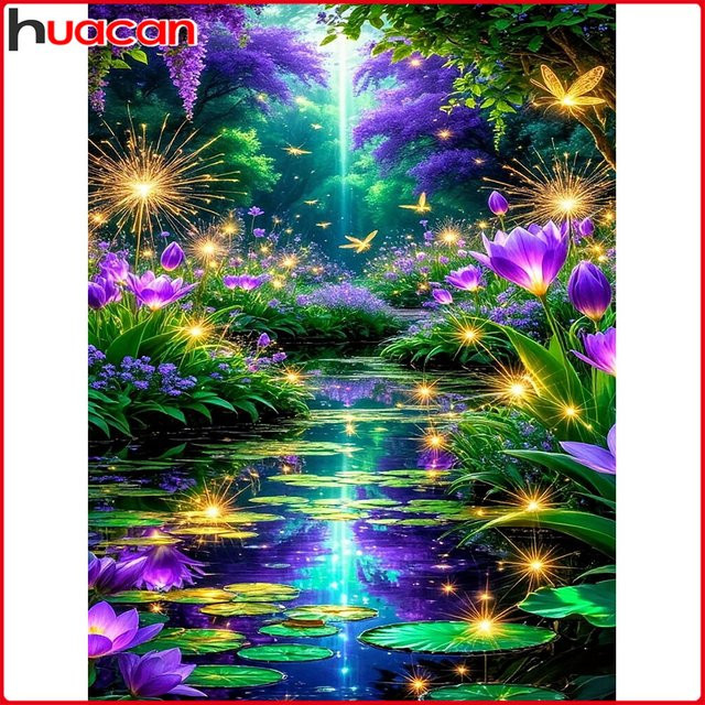 Huacan 5D-Diamantgemälde Waldfluss Landschaftsblume als Diamantmosaik zum Selbermachen in Mehrfarbig, B/H: 20 x 30 cm - Bild 1