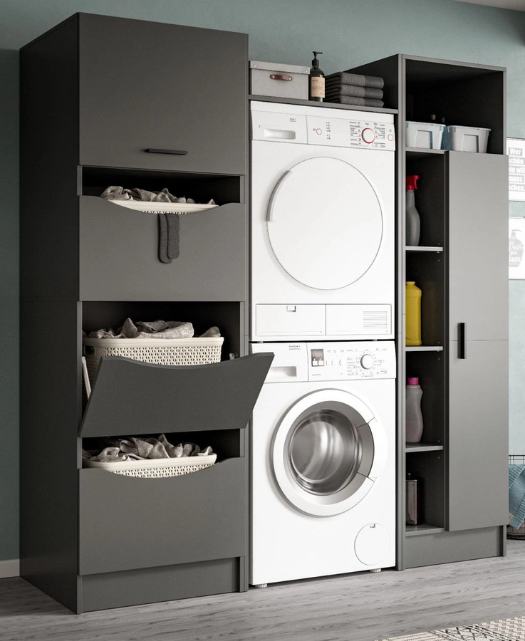 Waschmaschinenumbau Set Flexy in Grau, modern mit Soft-Close-Türen und Regalen, B/H: 176 x 196 cm - Bild 3