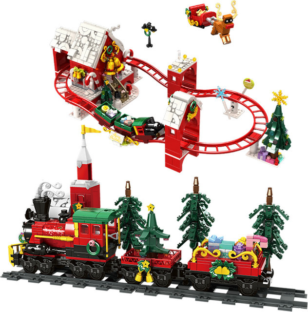 DBPALY Weihnachts-Modellbausteine Winterdorf mit Zug und Karussell, Mehrfarbig - Bild 1