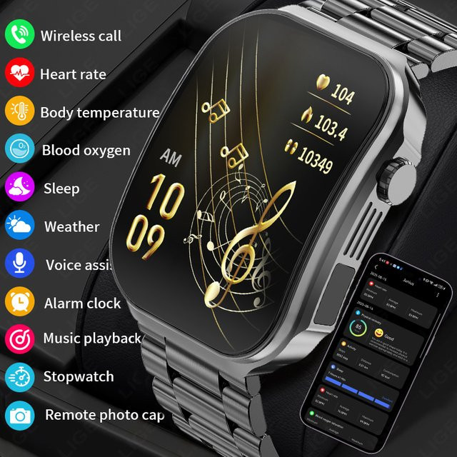 LIGE Smartwatch, Schwarz, Edelstahl, Rechteckig - Bild 1