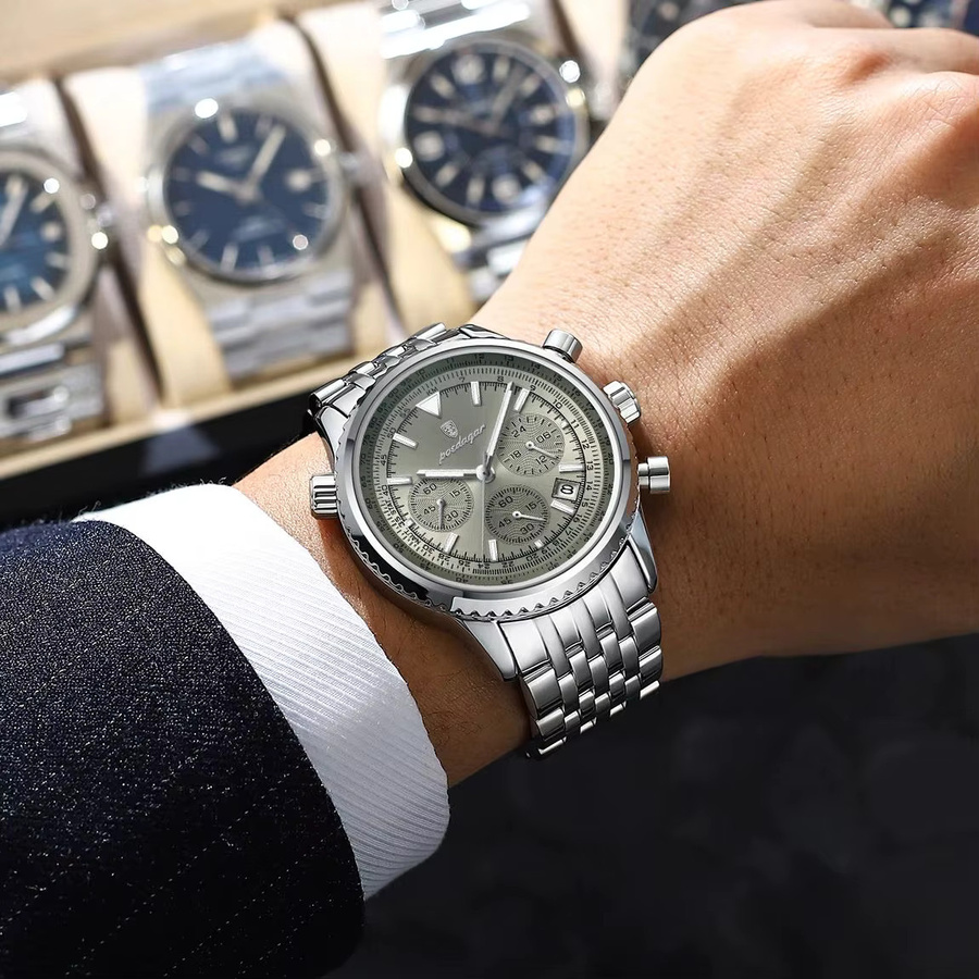 POEDAGAR Armbanduhr, Chronograph, Quarz, Edelstahl, Silber, Herren - Bild 6