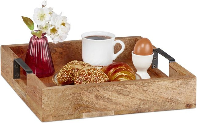 Relaxdays Serviertablett aus Mangoholz und Eisen in Natur und Schwarz mit Griffen, B/T/H: 35 x 35 x 7,5 cm - Bild 1