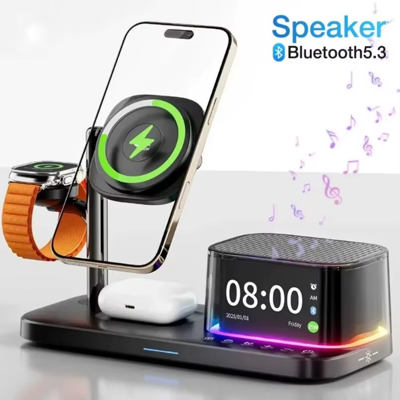 VIKEFON 4-in-1 Magnetisches Kabelloses Ladegerät mit Bluetooth-Lautsprecher, Uhr und RGB-Licht für iPhone, Apple Watch und AirPods in Schwarz und Orange - Bild 2