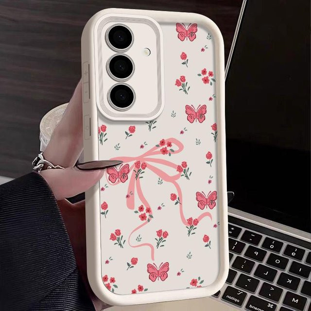 Rosa Blumen und Schleifen Handyhülle für Samsung Galaxy S25 S24 S23 S22 S21 S20 FE A55 A54 A35 A34 A15 A16 A26 A36 A56 5G in Pink und Weiß - Bild 1