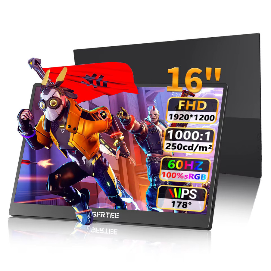 HGFRTET 16 Zoll Tragbarer Monitor FHD 1200P IPS mit 100 % sRGB, 300 cd/m², Adaptive Sync, USB-C und HDMI, Schwarz - Bild 2
