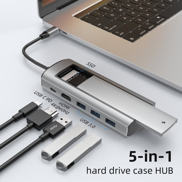 6-in-1 USB-C Dockingstation mit M.2 SSD SATA NVME Speicherfunktion und HDMI für MacBook Air M1 M2, Farbe: Silber - Bild 1