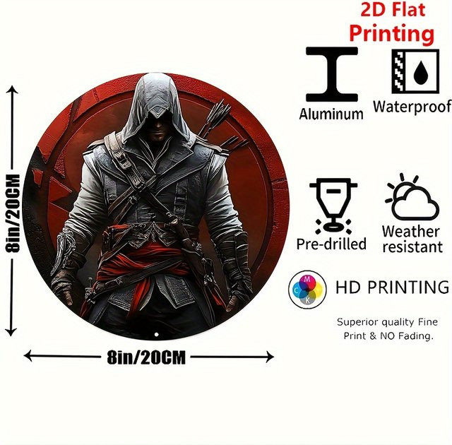 Rundes Aluminiumschild Vintage Assassin von Potdemiel in Rot und Schwarz, Durchmesser: 20,32 cm, Metallwanddekoration mit Charakterkunst - Bild 1