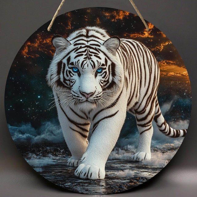 Majestic Tiger Art Rundwandkunst aus Holz mit weißem Tiger und blauen Augen im kosmischen Sternennachtdesign, Durchmesser: 20,3 cm - Bild 1