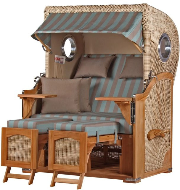 Bene Living Strandkorb Komplettset Ammersee Teak Bullauge PE Shell Modell 520 mit gestreiftem Design - Bild 1