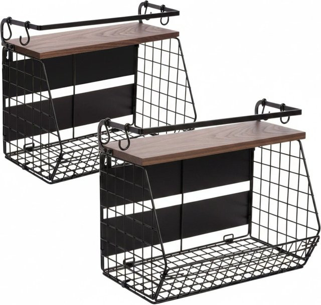 Relaxdays Obstkorb Wandregal 2er Set aus Eisen und Gummiholz mit Gitter-Design, B/T/H: 30 x 35,5 x 21 cm - Bild 1