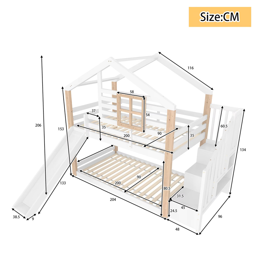 LVHOM Kinderbettgestell im skandinavischen Stil aus Massivholz mit Rutsche, Treppe und Stauraum, Farbe: Weiß - Bild 2