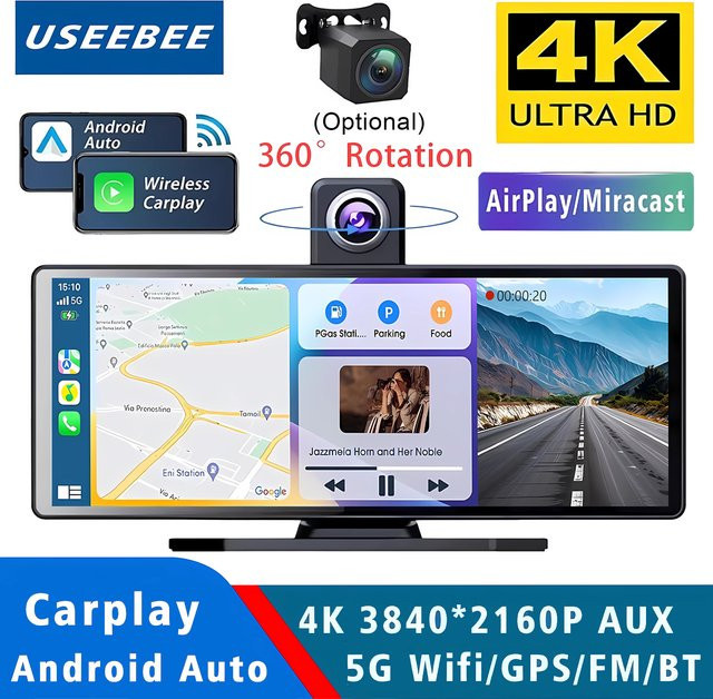USEEBEE 4K Dashcam mit Carplay und Android Auto, Dual-Objektiv Auto-DVR mit GPS, 5G Wi-Fi und Bluetooth, Blackbox Fahrtenschreiber für LKW, Schwarz - Bild 1