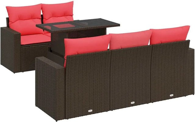 vidaXL 6-teilige Garten-Sofagarnitur aus braunem Poly-Rattan mit Kissen und Akazie-Elementen - Bild 1