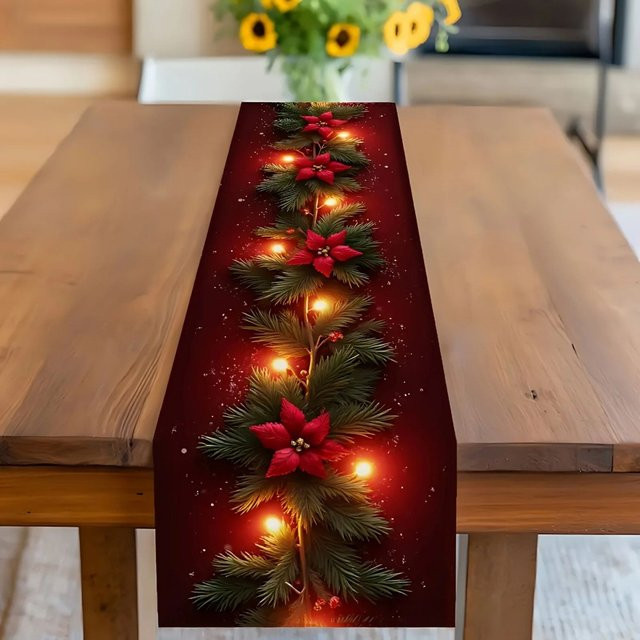 VIKAMA Weihnachts-Tischläufer aus Leinen mit rotem Blumenmuster, Farbe: Rot, B/T: 90 x 33 cm - Bild 1