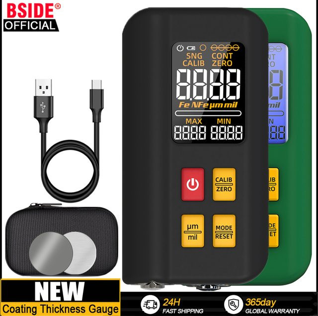 BSIDE Schichtdickenmessgerät in Schwarz, wiederaufladbares Autolack-Filmdickenmessgerät mit 0,1 Mikron Messgenauigkeit, Messbereich 0–1500 μm Fe/NFe, MAX/MIN Funktion und Nullmessung - Bild 1