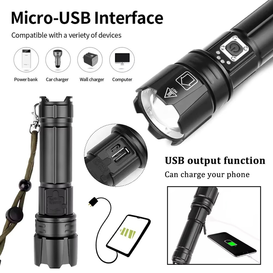 ESMARTER Taktische LED-Taschenlampe in Schwarz, wiederaufladbar via USB mit 30 W Leistung und 1500 Meter Reichweite - Bild 3