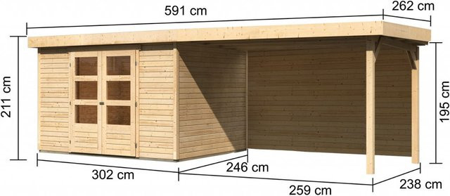 Karibu Gartenhaus ASKOLA 5 aus nordischer Fichte mit Anbaudach und Rückwand, Pultdach, naturbelassen, braun, B: 302 cm, T: 246 cm, H: 195 cm - Bild 1