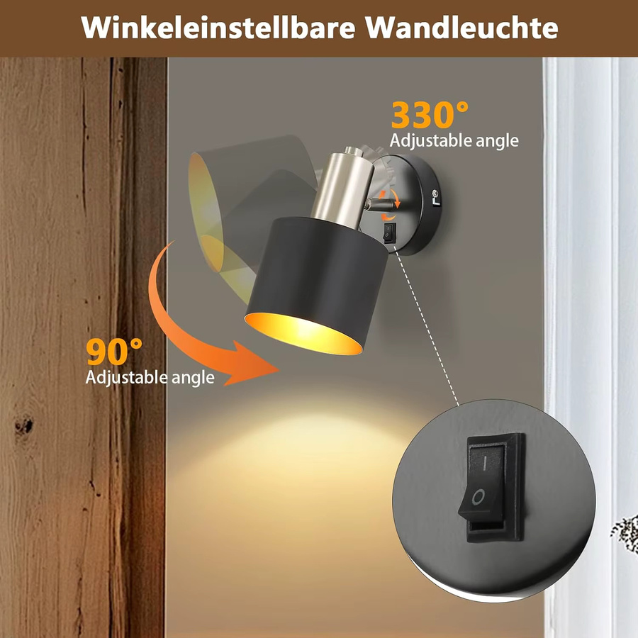Vintage Wandlampe aus Metall in Schwarz mit Schalter, 330 Grad drehbar, E27 Retro Wandspot für Schlafzimmer, Küche oder Flur (ohne Leuchtmittel) - Bild 2