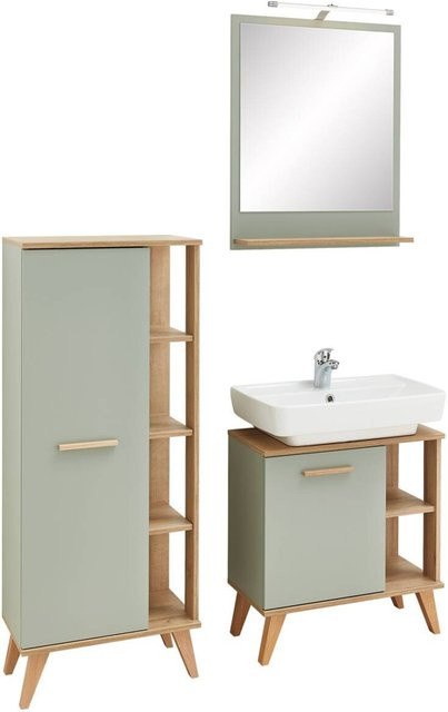 Pelipal Badezimmer-Set Quickset 963 in Salbei und Eiche Riviera Nachbildung mit Waschtischunterschrank, Wandunterschrank und Spiegelschrank, B/H/T: 111 x 200 x 33 cm - Bild 1