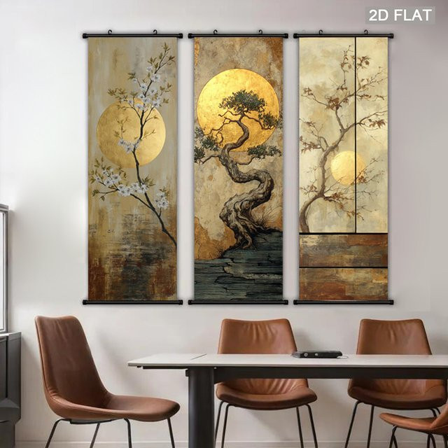 AsenArt Wandbild auf Leinwand mit goldenem Bokujou-Blütenzweig und Kirschblüten-Landschaftsmotiv - Bild 1