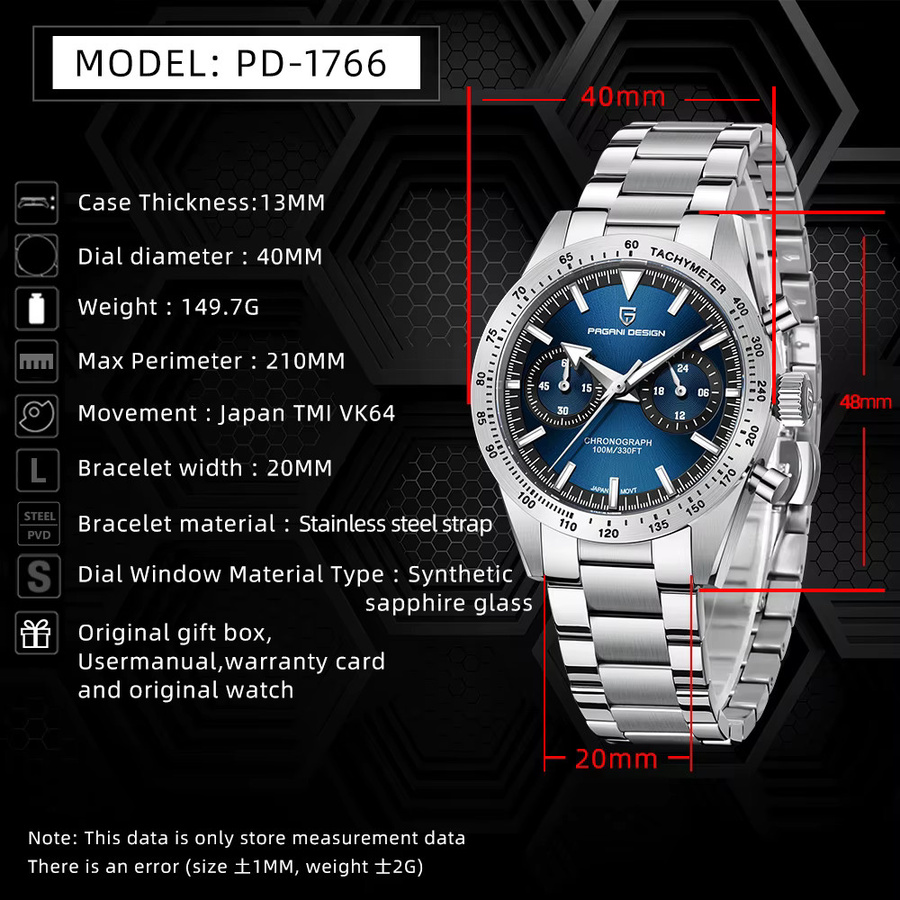 PAGANI DESIGN Chronograph, Quarz, Edelstahl, Blau, Herren - Bild 6