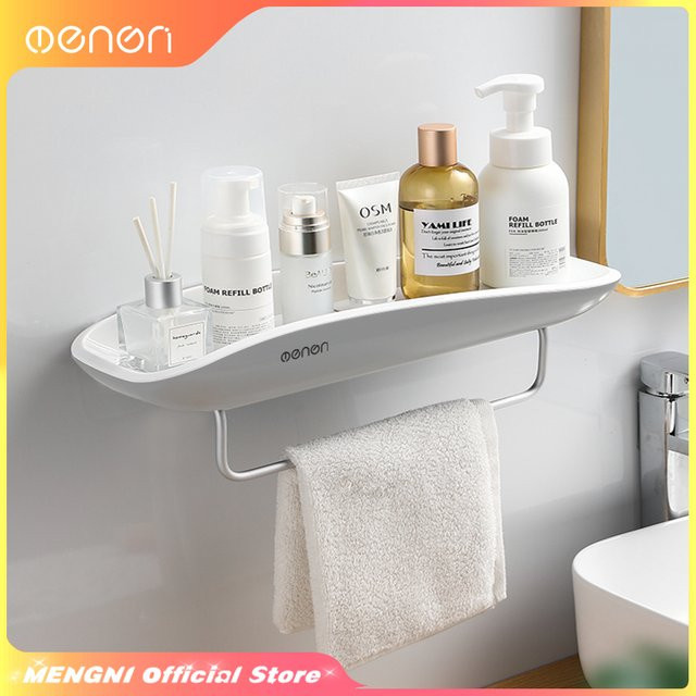 MENGNI Badezimmerregal in Weiß, Eckregal zur Wandmontage ohne Bohren, Organizer für Dusche und Toilette aus Kunststoff in Matt-Optik - Bild 1