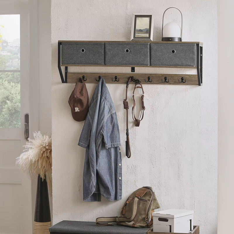 SoBuy Wandgarderobe im Industrial Design mit 3 Körben und 7 Haken, B/T/H: 100 x 30 x 20 cm - Bild 2