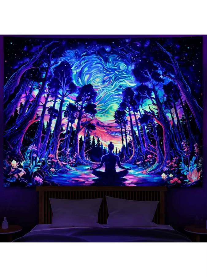 VIKAMA UV-reaktiver Wandbehang mit psychedelischem Wald-Design in Multicolour für Yoga, Meditation und Party-Dekoration, B/H: 60 x 40 cm - Bild 3