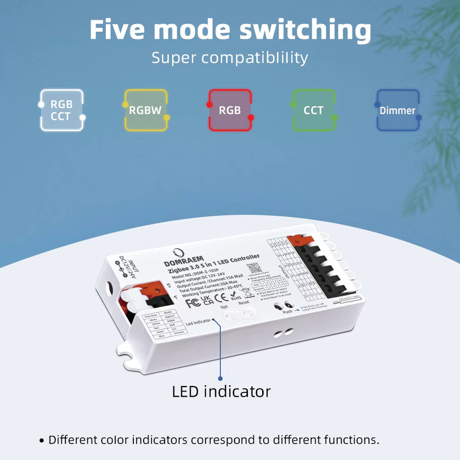 DOMRAEM Zigbee 3.0 5-in-1 LED-Streifen-Controller RGBCCT RGBW RGB CCT Dimmer mit App- und Sprachsteuerung für Tuya Smart Life und Alexa, DC12V-24V, Farbe: Weiß - Bild 2
