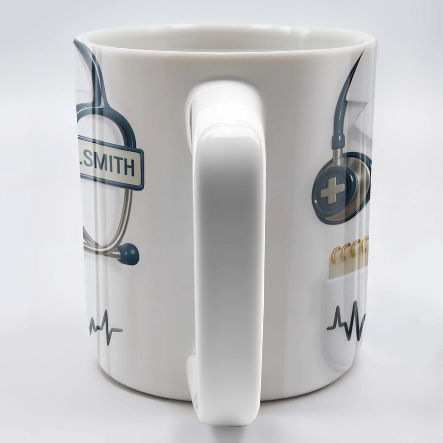 Personalisierte Kaffeetasse mit 3D-Stethoskop und Herzschlagmuster von Light Magic in Weiß aus Keramik - Bild 4