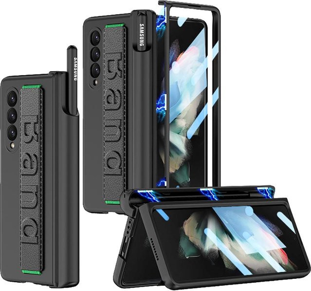 Schutzhülle mit Armband und Hartglasfolie für Samsung Galaxy Z Fold4 und Z Fold3 5G, Schwarz - Bild 1