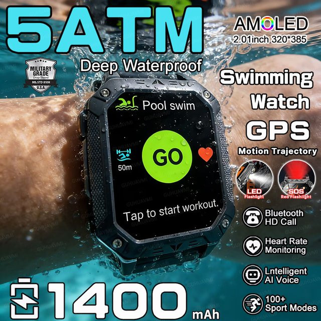 GUHUAVMI TANK Militärische Smartwatch für Herren in Schwarz mit 1400mAh Akku, 5ATM Wasserdichtigkeit, LED-Taschenlampe, SOS-Funktion, Herzfrequenzmessung und HD-Anruffunktion - Bild 1