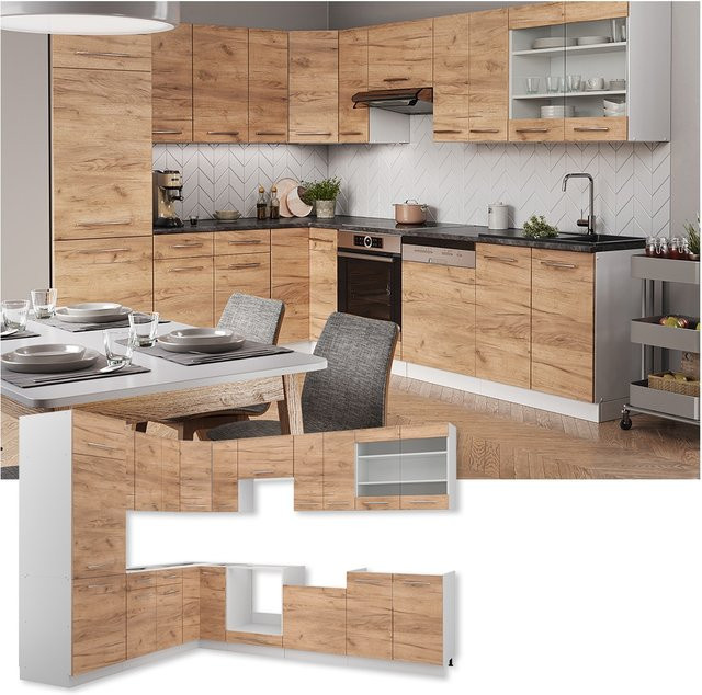 Vicco Eckküche Fame-Line Küchenzeile in Weiß und Eiche mit Soft-Close-Funktion, B/T/H: 227 x 287 x 307,88 cm - Bild 1