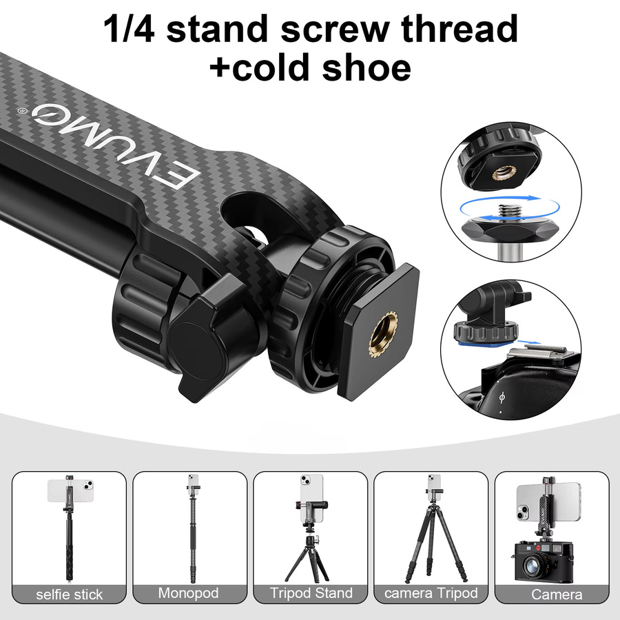 EVUMO PM11 Telefonhalter Klemme mit Dual Cold Shoe Clip, 360 Grad drehbar und 180 Grad neigbar, Schwarz, für 1/4 Zoll Stativ und Kamera-Einbeinstativ - Bild 4