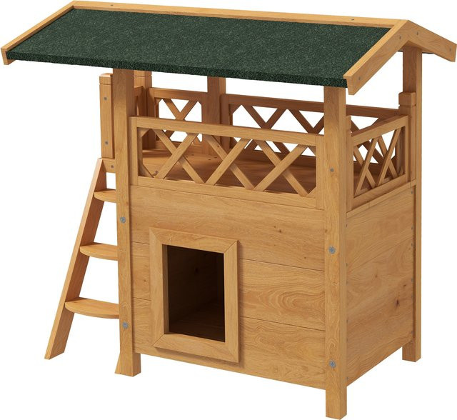 PawHut Katzenhaus von Aosom aus Massivholz mit 2 Etagen, Asphaltdach und Balkon, wetterfestes Katzenvilla mit Treppe, Farbe: Natur, B/T/H: 77 x 50 x 73 cm - Bild 1