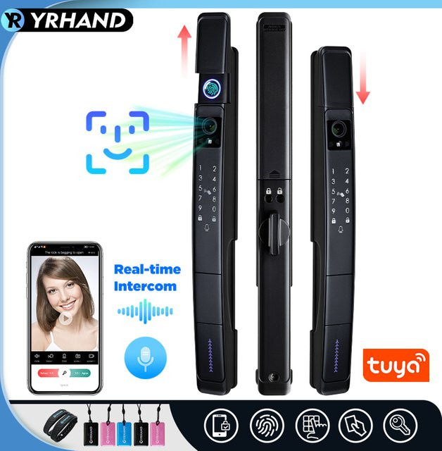 YRHAND Tuya WiFi Elektronisches Digitales Schiebetürschloss mit 3D-Gesichtserkennung, Visuelles Intercom und Wasserdichtigkeit, Farbe: Schwarz - Bild 1