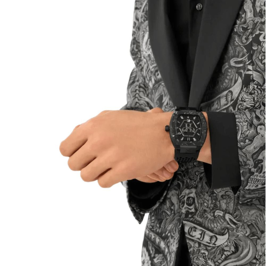 Philipp Plein Herrenuhr, Quarz, Edelstahl, Tonneau, 44 mm, Schwarz, Silikon - Bild 3