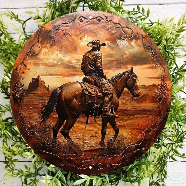 Potdemiel Wandkunst Cowboy im Wilden Westen, runde Metall-Wanddekoration in Braun, B/H: 20 x 20 cm - Bild 1